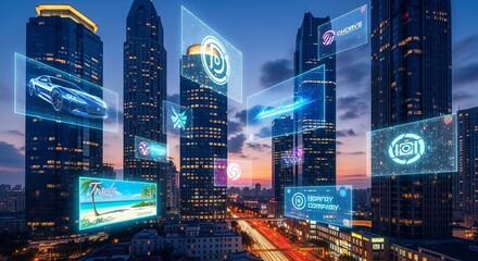 Futuristic city buildings showcase digital technology screens with interactive data and smart communication displays that represent innovation.