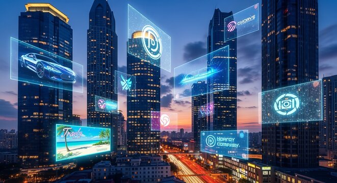 Futuristic city buildings showcase digital technology screens with interactive data and smart communication displays that represent innovation.