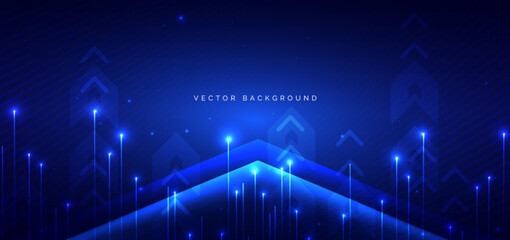 Futuristic arrow vertical blue lighting effect and sparkle on blue background.