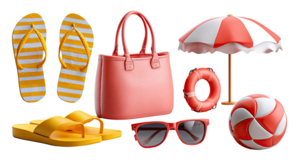 Summer Essentials: A collection of essential summer items, including sunglasses, beach bag, beach umbrella, sandals, beach ball, and lifebuoy, are artfully arranged. Evoking a sense of relaxation.