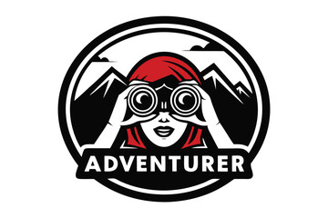 Monochrome Adventurer in Hat Looking Through Binoculars on White Background