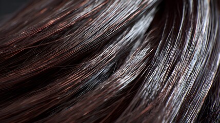 Fototapeta premium Shiny smooth brown hair close-up with natural highlights and silky texture, showcasing healthy strands in detailed macro photography for beauty and haircare concepts.