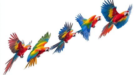 Obraz premium A flock of colorful parrots flying in formation tropical sky nature photography vibrant environment aerial view avian wonder