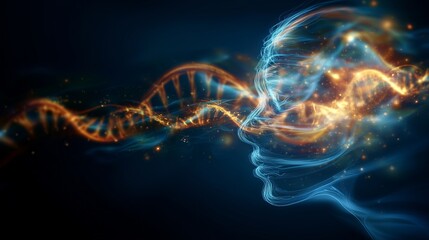Obraz premium A dynamic, ethereal silhouette of a human shadow, abstract biological patterns, glowing DNA strands, professional digital art