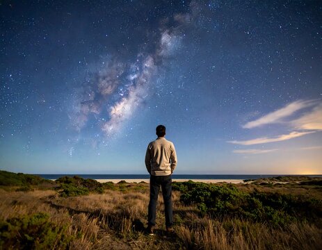 Man gazing at night sky, milky way