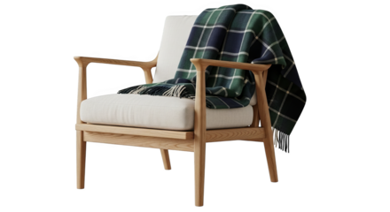 Modern Wooden Armchair With Plaid Throw Blanket