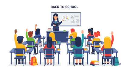 Classroom of Knowledge: A teacher leads a vibrant lesson in a school classroom, with eager students raising their hands to answer. The scene encapsulates education, enthusiasm.