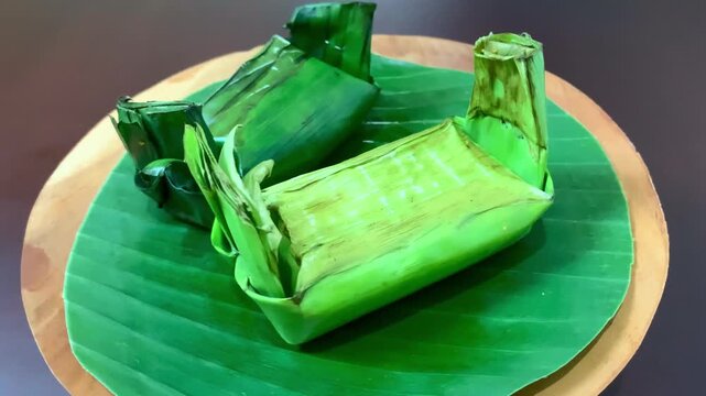 4K side view spin of lemper on banana leaf plate. Steamy sticky rice and savory chicken scent captured in motion. Great for culinary, tradition, lifestyle, and celebration themes.