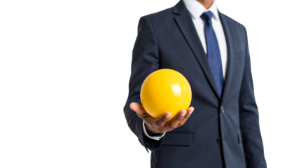 Professional's refined hand in business casual cuff, subtle watch, holding vibrant yellow sphere against blurred office, high-key studio light, embodying strategic opportunity capture isolated Png for