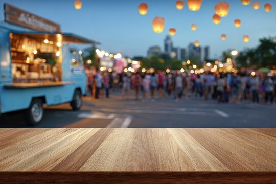 Empty wooden table top in front of a blurred food truck market scene at night