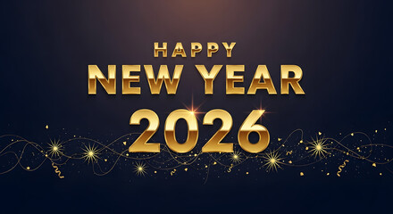 Fototapeta premium Happy New Year 2026 Golden Text with Sparkling Particles on a Dark Background.