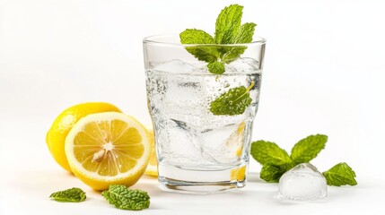Fototapeta premium Refreshing iced water with mint leaves kitchen table beverage bright environment top-down view hydration concept
