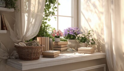 Fototapeta premium Bright cozy windowsill with potted plants and blooming flowers illuminated by natural sunlight in a charming home interior
