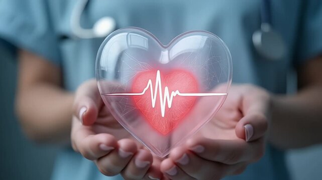 Doctor holding heart with pulse line symbolizing cardiovascular health and wellness