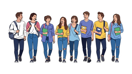 Fototapeta premium Students Walking Together: A diverse group of students walks together with books and backpacks, symbolizing the spirit of education, knowledge, and friendship. Perfect for educational themes.