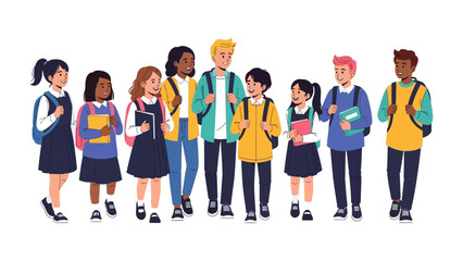 Obraz premium School Journey: A vibrant gathering of diverse students, backpacks on backs, ready for the day's adventures and learning experience.