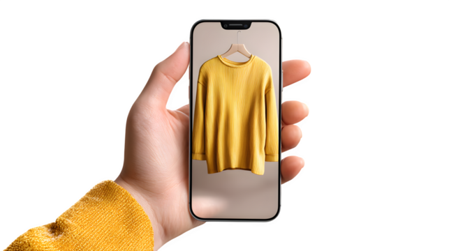 3D rendered hand holding a smartphone with a clothing item on-screen, isolated on transparent background