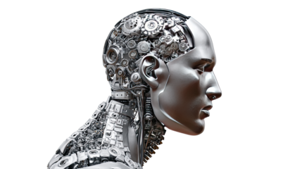 Futuristic Robot Portrait: A close-up, highly detailed metallic robot head, showcasing advanced technology and a blend of artificial and human elements.