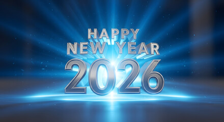 Happy New Year 2026 Silver Text with Blue Light Streaks and Flare.