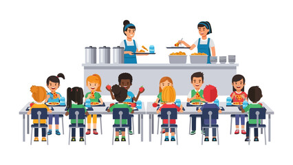 Lunchtime Harmony: Illustrative scene of students in vibrant uniforms sharing a meal in a school cafeteria with smiling servers serving healthy food, fosters a sense of community and well-being.