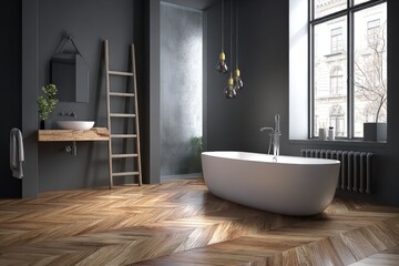 Modern, minimalist bathroom with a large, white bathtub and wooden accents
