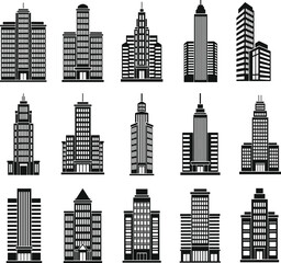 Fototapeta premium Collection of modern city skyscraper building icons, black silhouette architecture, urban office towers