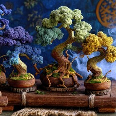 Colorful miniature bonsai art on wooden tray