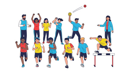Playful Contest: A dynamic depiction of children engaging in diverse athletic activities, rendered in a vibrant, friendly illustration style.