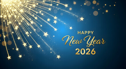 Happy New Year 2026 Golden Text with Starburst and Bokeh Lights on a Blue Background.