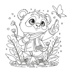 Cute panda takes a selfie on the phone. Coloring for children and adults. Illustration for coloring.