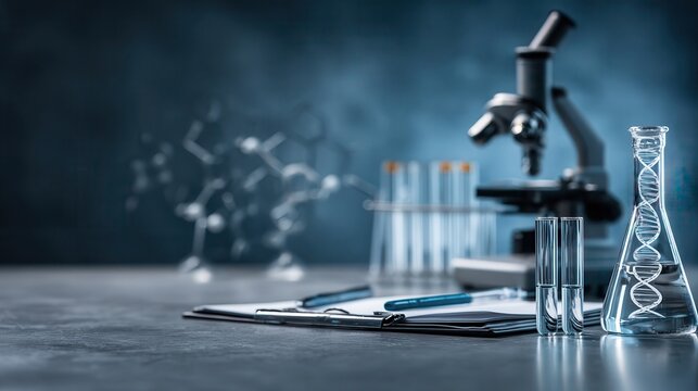 Scene from the laboratory with pipette, test tube, microscope, DNA and formulas with copy space.