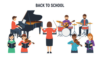 Back to School Music Performance: Students and a conductor passionately play a variety of instruments. A harmonious scene of musical instruments, creativity, and learning.