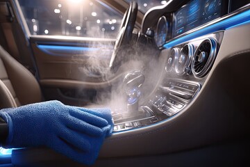 A gloved hand cleans a car interior.  Steam rises