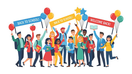 Joyful Return: A vibrant, welcoming scene of students joyfully holding banners. Balloons and books add to the festive atmosphere of the Back to School event. 