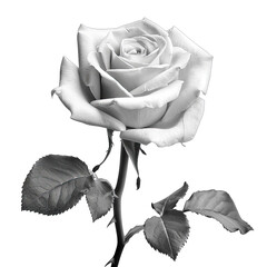 A single, elegant white rose, in grayscale,  with detailed petals and leaves,  isolated against a black background