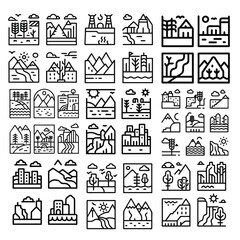 Landscapes line icon set. Vector pictograms of natural and urban scenery, mountain, beach, forest, desert, waterfall, cityscape, canyon
