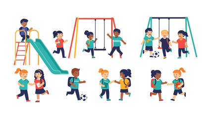 Fototapeta premium Playground Adventure: Lively children embrace the spirit of play, running, and interacting with playground equipment. The illustration reflects pure joy.