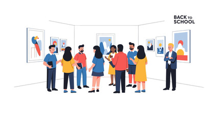 Art Exhibition Attendees: A diverse group of individuals gathers, engrossed in the visual artistry of a vibrant art gallery, studying the displayed artwork.