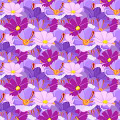 Seamless vector floral pattern featuring purple and pink blossoms with yellow centers on a violet background. Perfect for fabric, wallpaper, gift wrap, and decorative prints with a vibrant