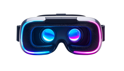 3D VR goggles with neon glowing edges, isolated on transparent background