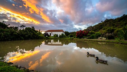 Calm pond reflecting a vibrant sunset and a white building, with ducks swimming