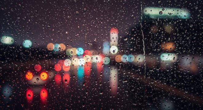 Nighttime city street view through a rain-soaked window with blurry reflections and colorful bokeh lights creating a moody atmospheric scene on a rainy evening