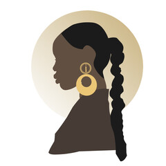 Stylized vector illustration of an elegant African woman in side profile with long braid and golden earrings. Perfect for fashion, beauty, cultural projects, wall decor, posters, branding