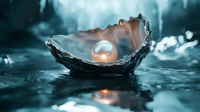 Reflective beauty of a pearl oyster on shiny surface captured in artful elegance underwater serenity
