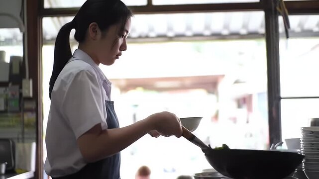 A Student Expertly Tossing Mushrooms and Broccoli in a Gleaming Wok in a Bright Kitchen Displaying Culinary Skills and Promoting Nutritious Eating and Culinary Education for Health Awareness