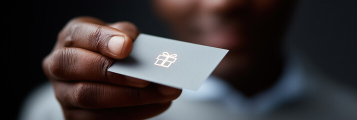 Hand elegantly presents white gift card with ribbon symbol design.