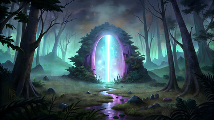 Alien Portal in a Mystical Forest with Glowing Light and UFO
