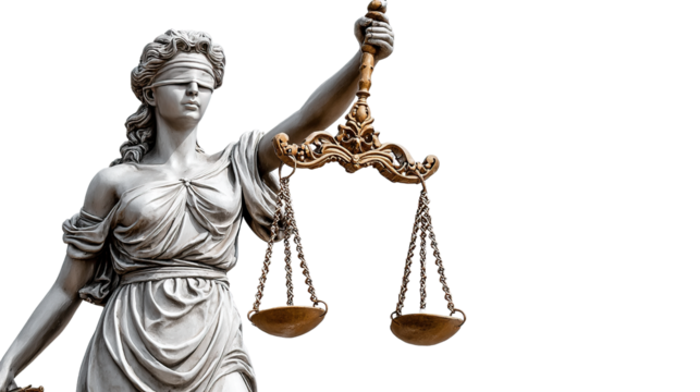 Lady Justice: A close-up captures the stoic elegance of Lady Justice, her blindfold a symbol of impartial judgment as she holds the scales of justice. She embodies law and fairness.