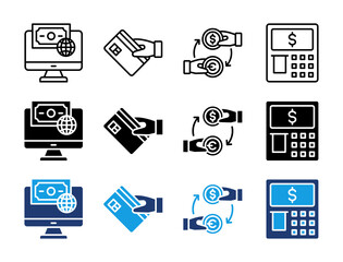 Finance and Banking Icon Set. Containing Online Payment, Credit Card, Money Transfer, Calculator, Digital Transaction Icons Collection.