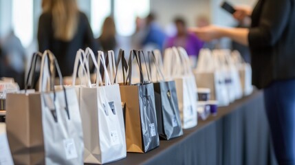 Gift bags on table at conference. Attendees in background.  Possible use for advertising or event promotion